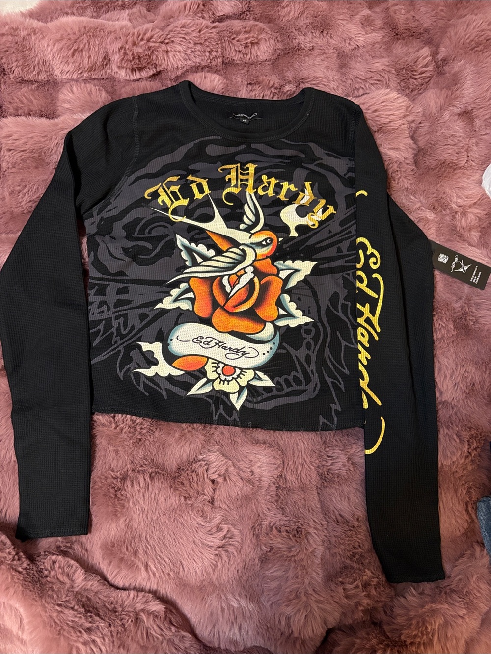 Ed Hardy Black Long Sleeve Thermal with Yellow Script and Orange Rose